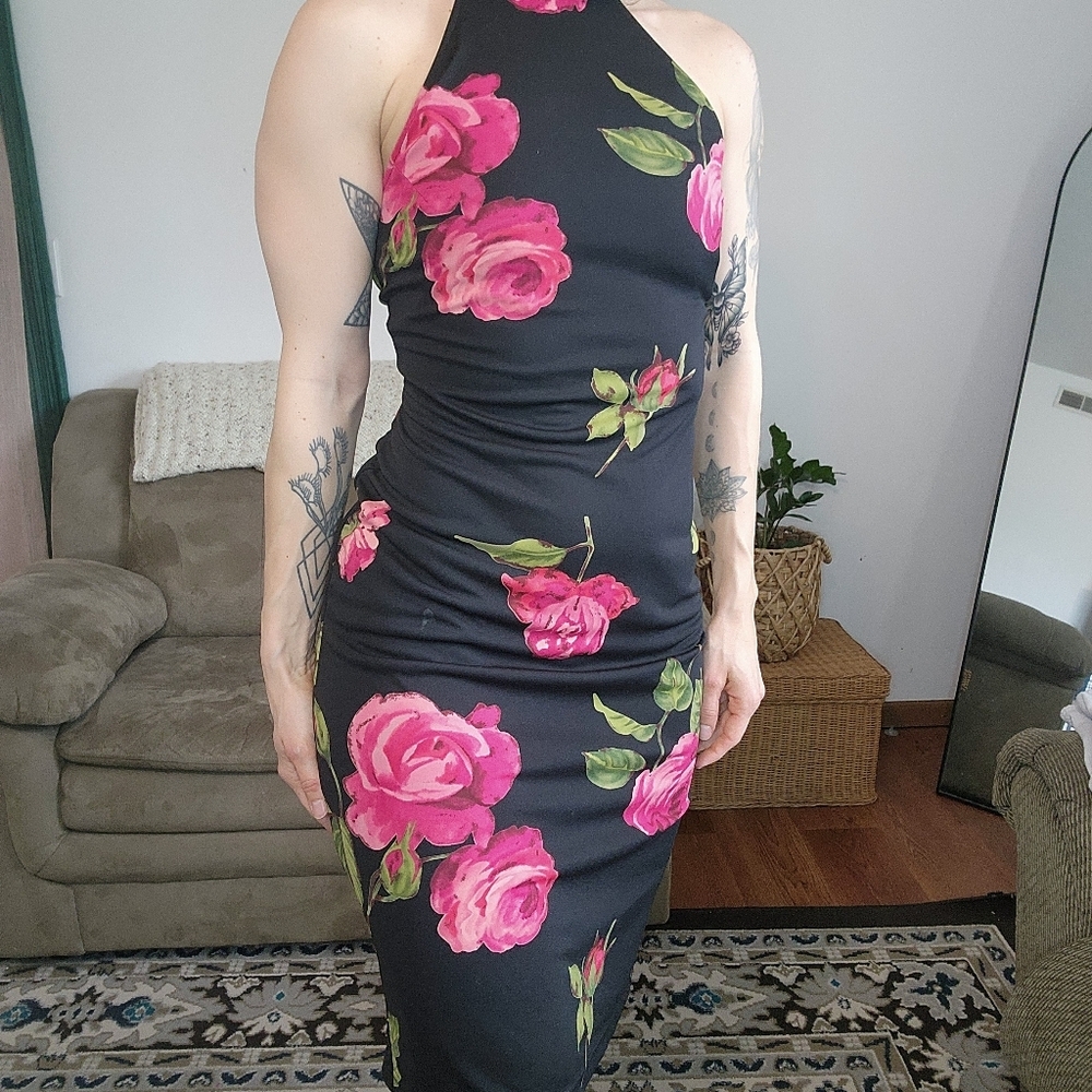 Vintage Black Knee Length Bodycon Dress With Pink Florals Size Medium - Picture 3 of 6